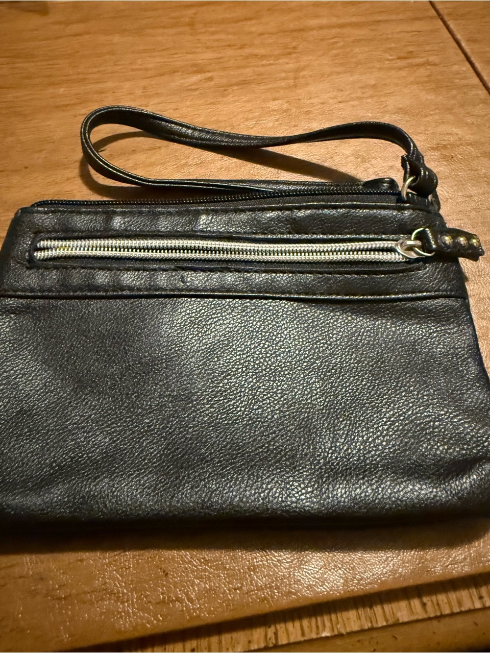 Black Leather Wristlet Clutch with Front Zip